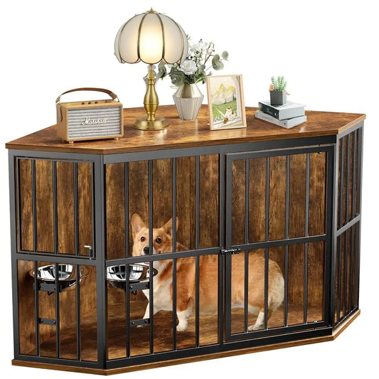 Medium Dog Crate Furniture, 42” Heavy Duty Corner Dog Crate With 2 Stainl Steel Bowls, Dog Kennel Furniture Style House, Wooden
