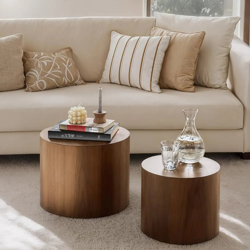 Nesting Coffee Table Set of 2, Modern Round Coffee Table with Non-Slip Feet, Walnut Wooden Circle Accent Tables for Small Spaces