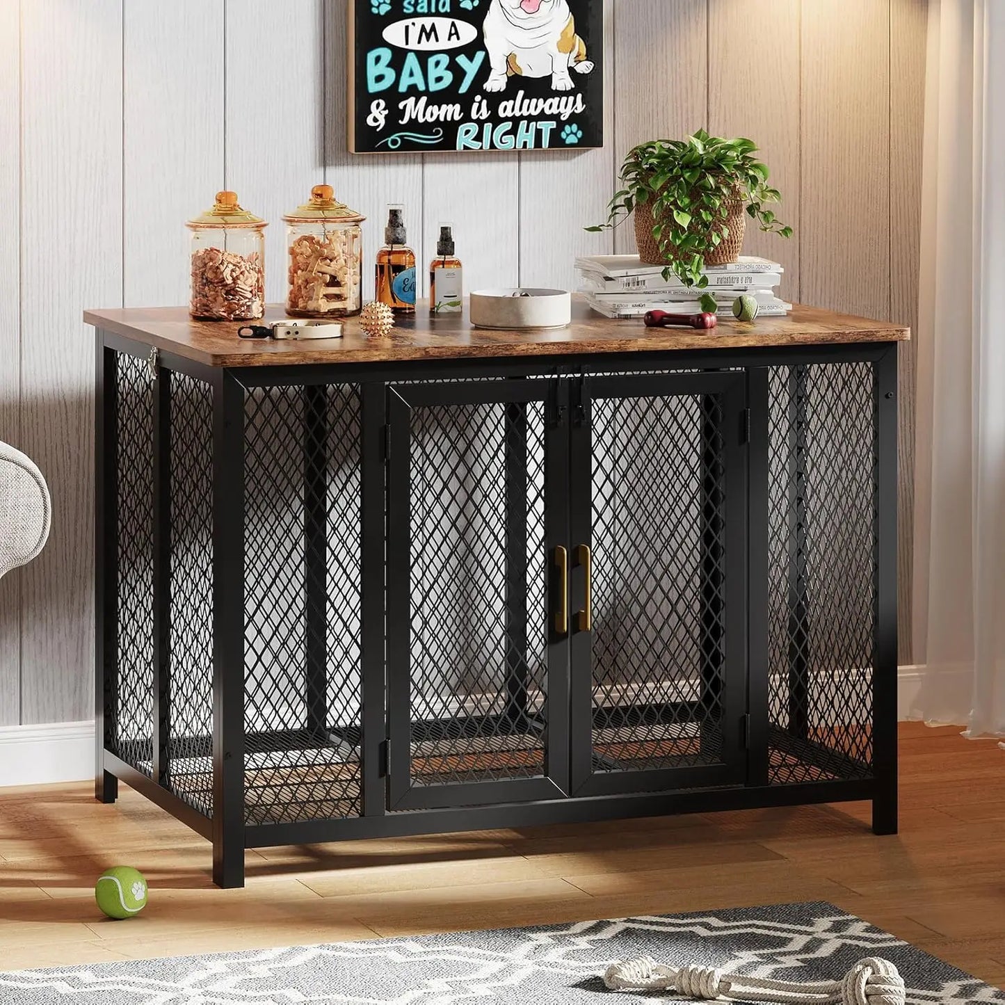 48" Flip Top Dog Crate Furniture Large Dog Kennel with 2 Doors Metal Dog Cage End Table Dog Furniture for Large Medium Small Dog