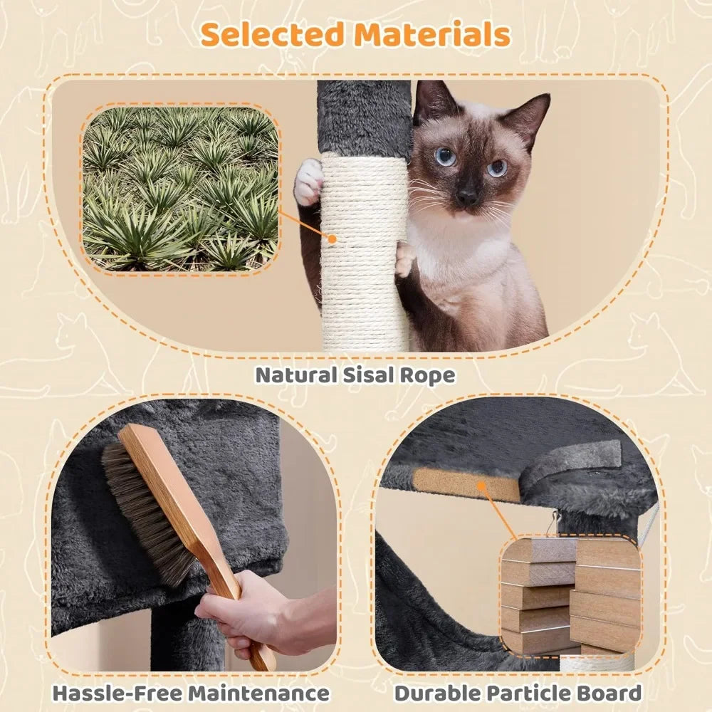 64.5in Extra Large Multi-Level Cat Tree Kittens Play House Condo with Platform, Perch Hammock & Scratching Posts, Dark Gray