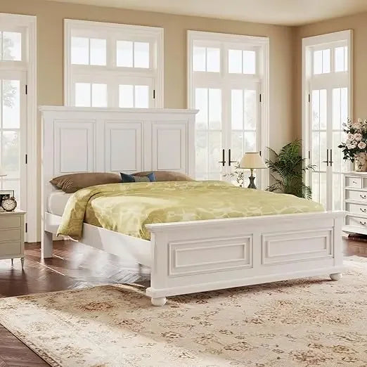 Queen Size Platform Bed with Tall Headboard  Footboard, Pinewood King Bed Frame with Wood Panel Bed Base,White,Bed Frames