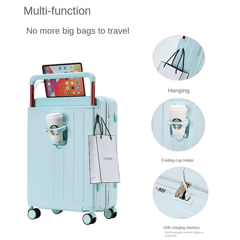 20"24"26 Inch Wide Handle Travel Suitcase PC Zipper Rolling luggage Trolley Case With Wheels Carry-on Luggage With Cup Holder