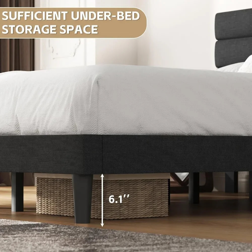 'Bed Frame Upholstered Queen Bed Frame Platform with Headboard Linen Fabric Headboard Wooden Slats Support