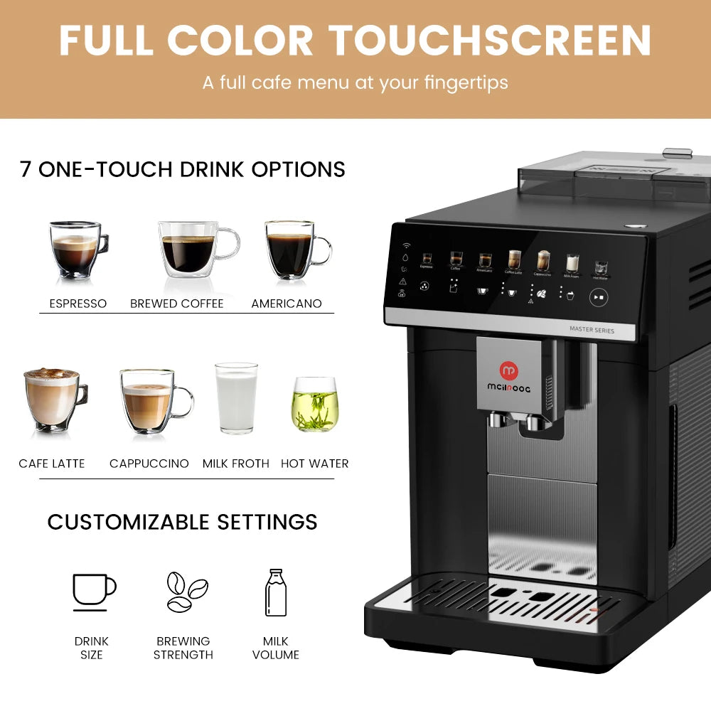Mcilpoog M3 Automatic Espresso Coffee Machine ，Built-In Milk Frother & Tank, 7 Coffee Varieties, Touchscreen