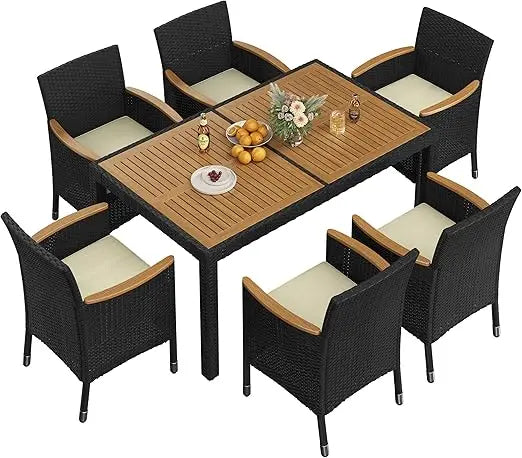 7 Piece Patio Furniture Set, Outdoor Dining Acacia Wood Table Top Rattan Conversation Set with Soft Cushions, 6 Chairs & 1 Tabl