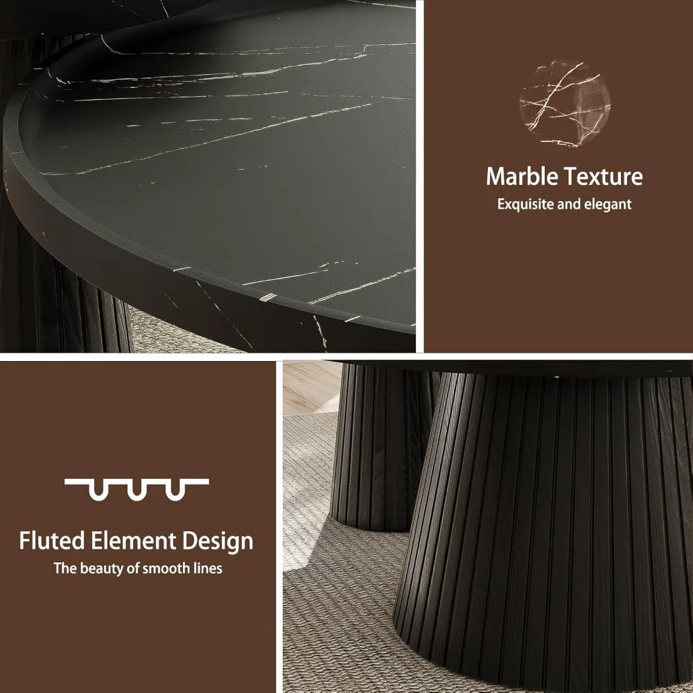 Nesting Coffee Table Set of 2, Mid Century Modern Coffee Table with Marble Veneer, Fluted Round Tea Table and End Table Set, Mi