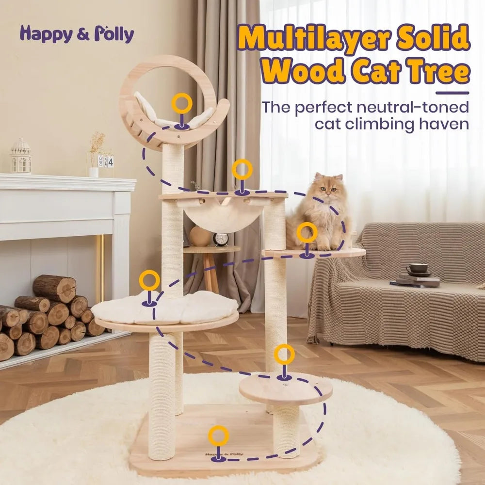 LUCK Happy&Polly Solid Wood Cat Tree - 56.3" Multi-Level Building Block Cat Tower With Cozy Hammock, Sisal Scratching Posts, P