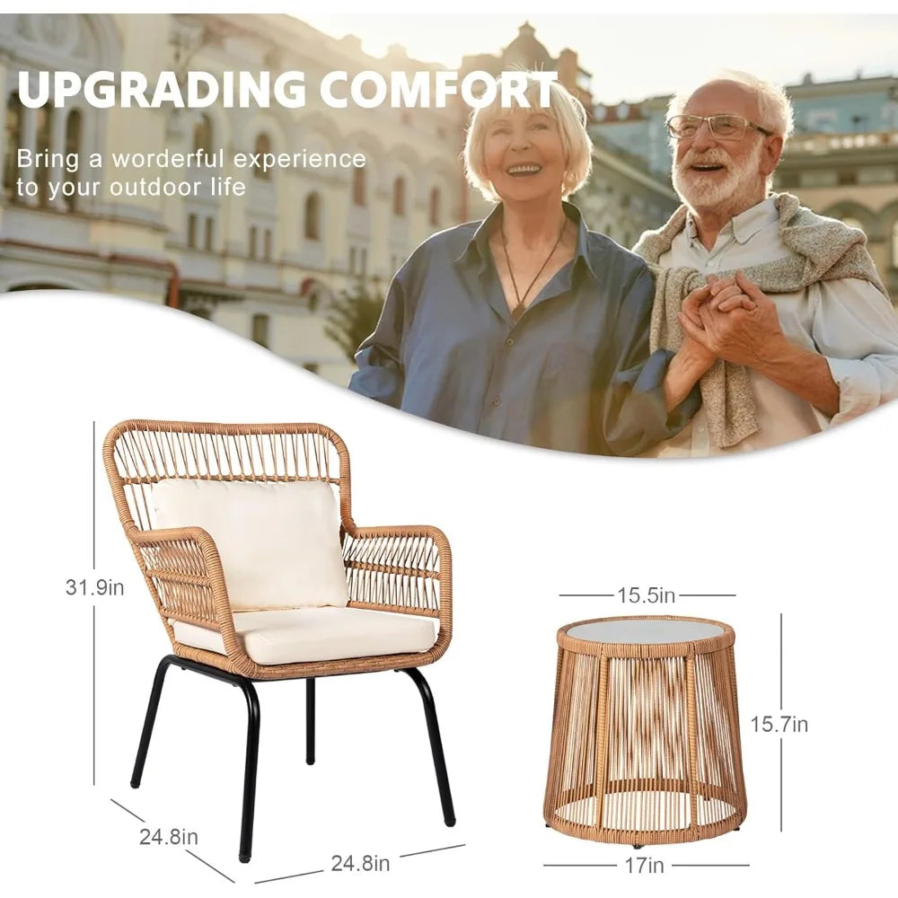 3 Piece Outdoor Wicker Furniture Bistro Set, Rattan Chairs Conversation Sets Porch Chair, Wicker Patio Furniture for Balcony Poo