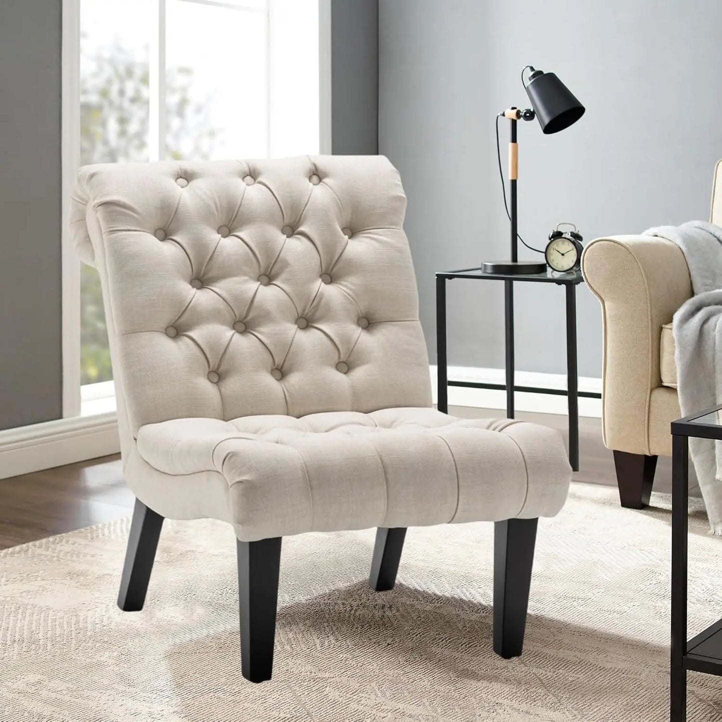 Accent Chairs Set of 2 Modern Armless Living Room Bedroom Chairs Upholstered Button Tufted Slipper Chairs with Solid W