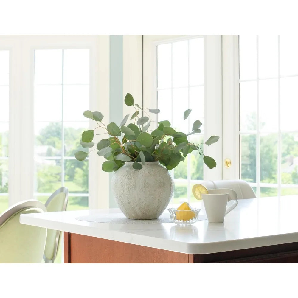 White Ceramic Vase Flower Vase, Big Textured Round Vases for Centerpieces, Kitchen, Living Room, (8" x 8.5" x 8.5") Vases