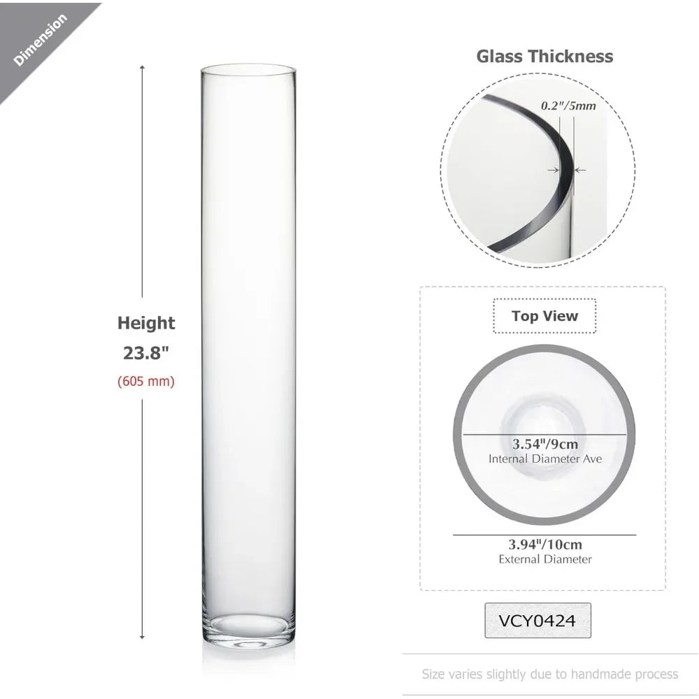 Highly transparent cylindrical glass vase, 4 inches wide x 24 inches high, featuring decorative floral tabletop displays