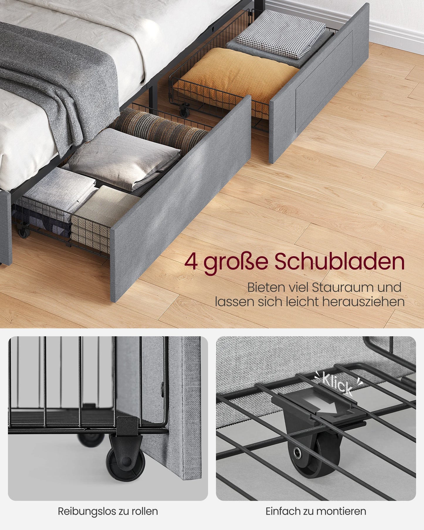 VASAGLE Upholstery bed double bed frame bed frame Metal bed (LED, 4 drawers, charging station