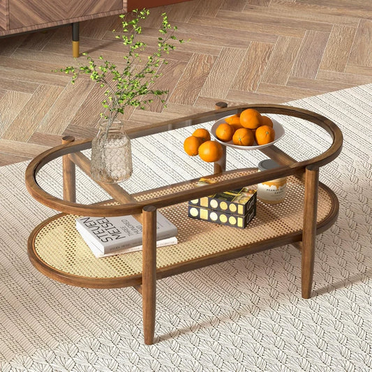 Rattan Coffee Table, 2-Tier Oval Acacia Wood Tea Table w/Tempered Glass Tabletop & PE Rattan Storage Shelf, Boho Cocktail Tables