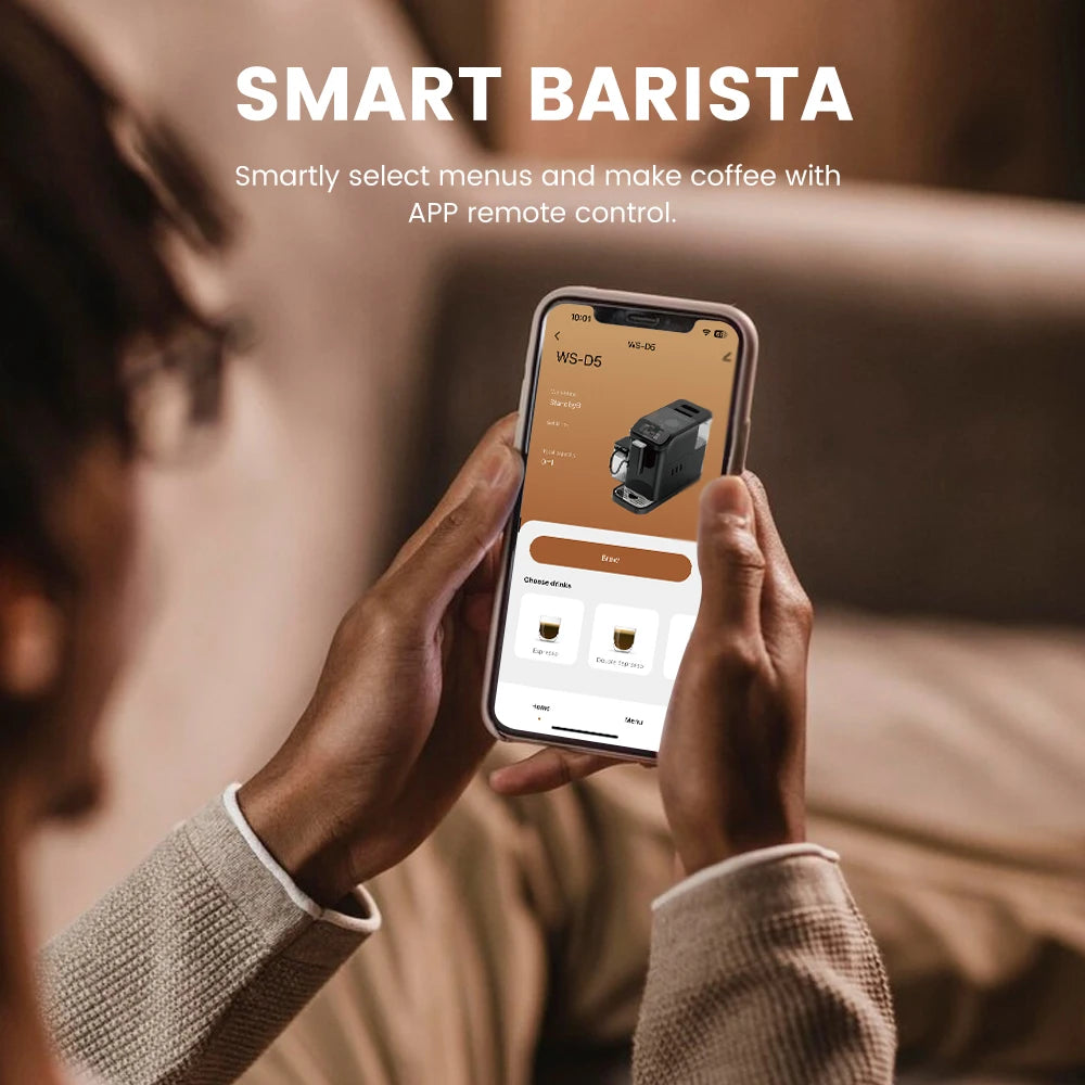 Mcilpoog WS-D5 Automatic Coffee Machine - Smart Wi-Fi , 12 Coffee Varieties, Touchscreen & Built-In Frother/1.5L Tank for Home