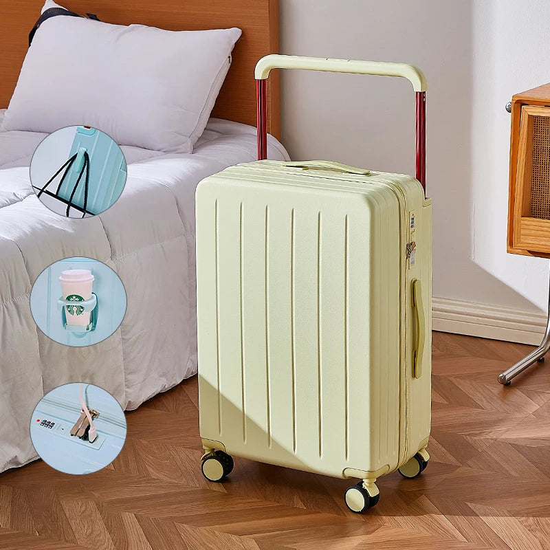 20"24"26 Inch Wide Handle Travel Suitcase PC Zipper Rolling luggage Trolley Case With Wheels Carry-on Luggage With Cup Holder