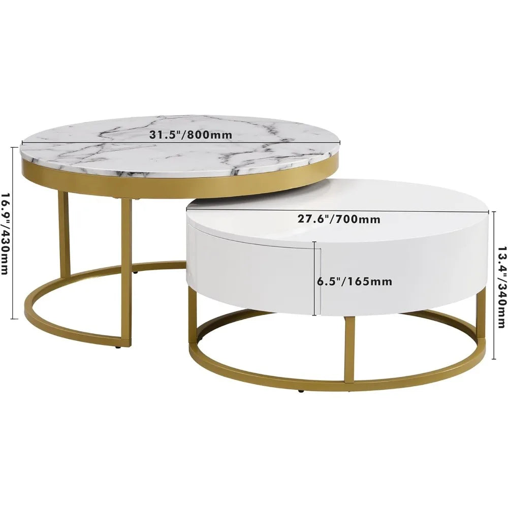 Modern Round Nesting Coffee Table with Marble Top, White & Gold Nesting Coffee Table Set of 2 Center Table with Storage Drawers