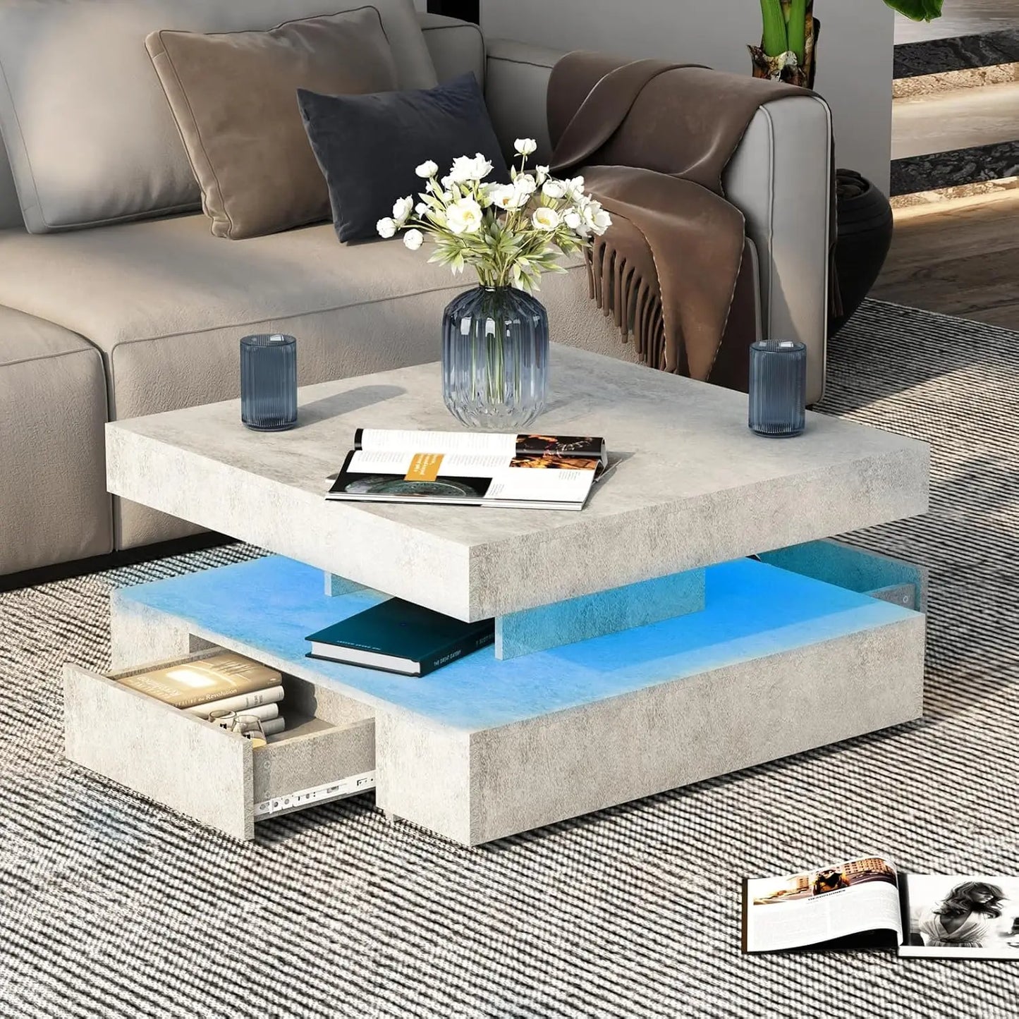 LED Coffee Table for Living Room, Living Room Table 2-Tier Square Middle Center Table, Modern Coffee Tables with Storage