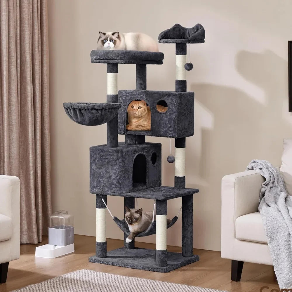 64.5in Extra Large Multi-Level Cat Tree Kittens Play House Condo with Platform, Perch Hammock & Scratching Posts, Dark Gray
