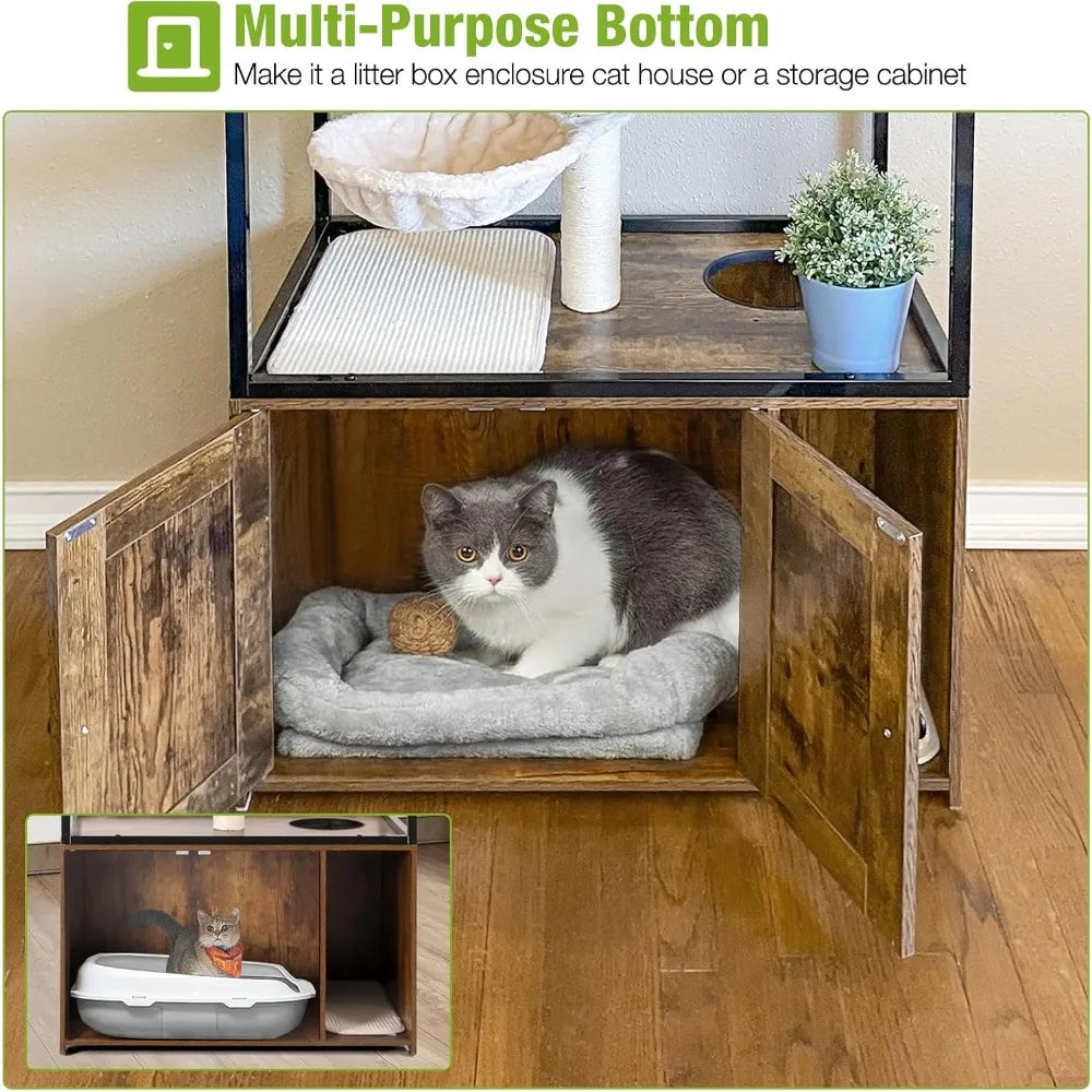 Cats Litter Box Enclosure Hidden Cat Litter Box Furniture with Cats Tree Wooden Cat House Indoor with Cats Cave, Scratching Post