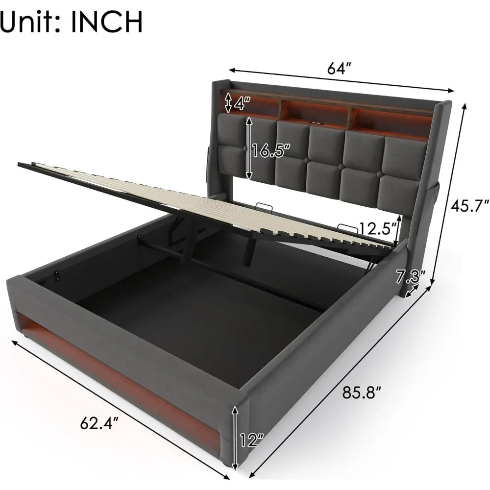 Bed Frame Queen Size with Hydraulic Storage System, Upholstered Platform Bed with Storage Headboard, LED and USB Charging, bed
