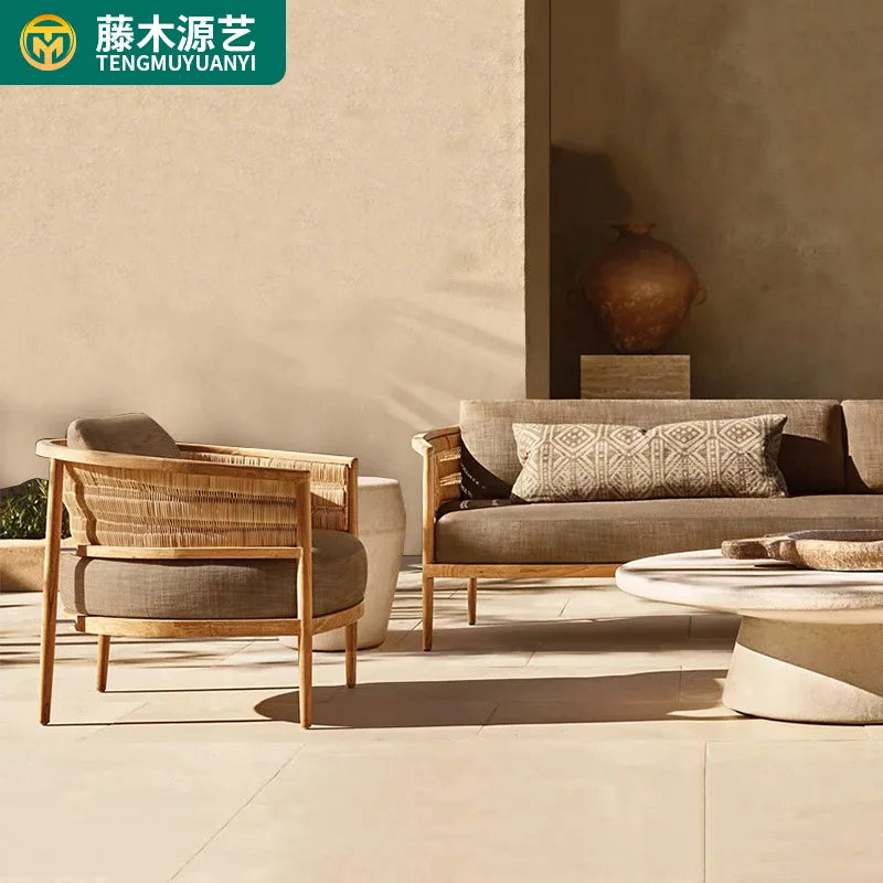 Outdoor teak sofa combination outdoor courtyard balcony outdoor solid wood sofa villa terrace leisure furniture