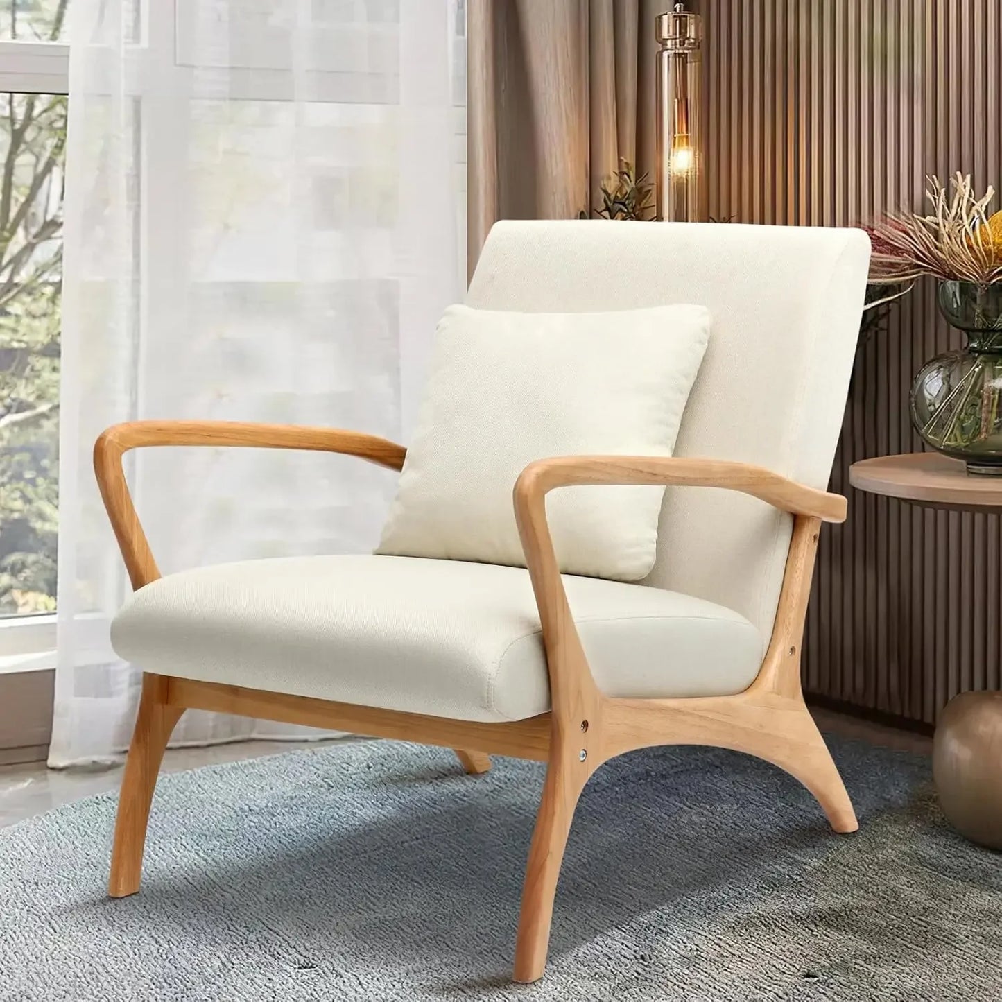 Mid-Century Modern Accent Chair with Cushion, 28.3'' Long Armrest Chairs Upholstered Linen Fabric Wood Frame Armchair