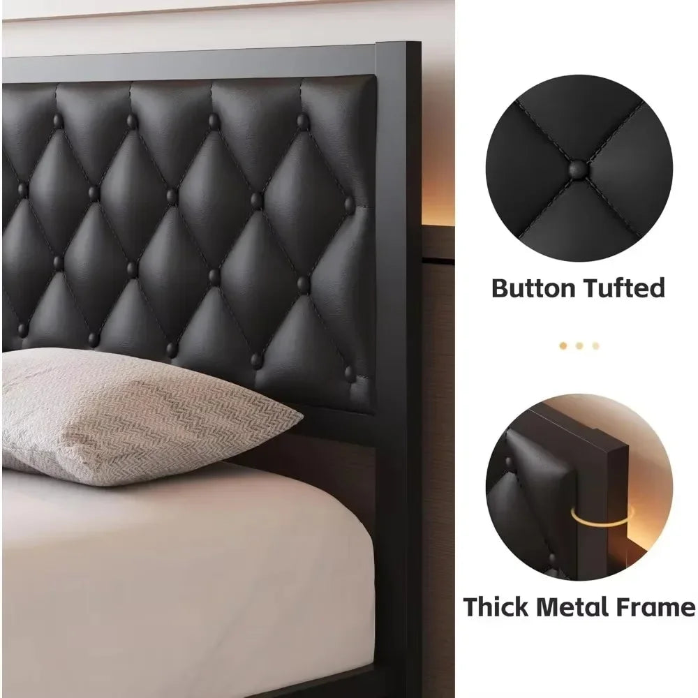 Bed Frame with Headboard PU Leather Upholstered Bed Frame Platform,All Metal Slats Support Platform Bed Frame with Storage
