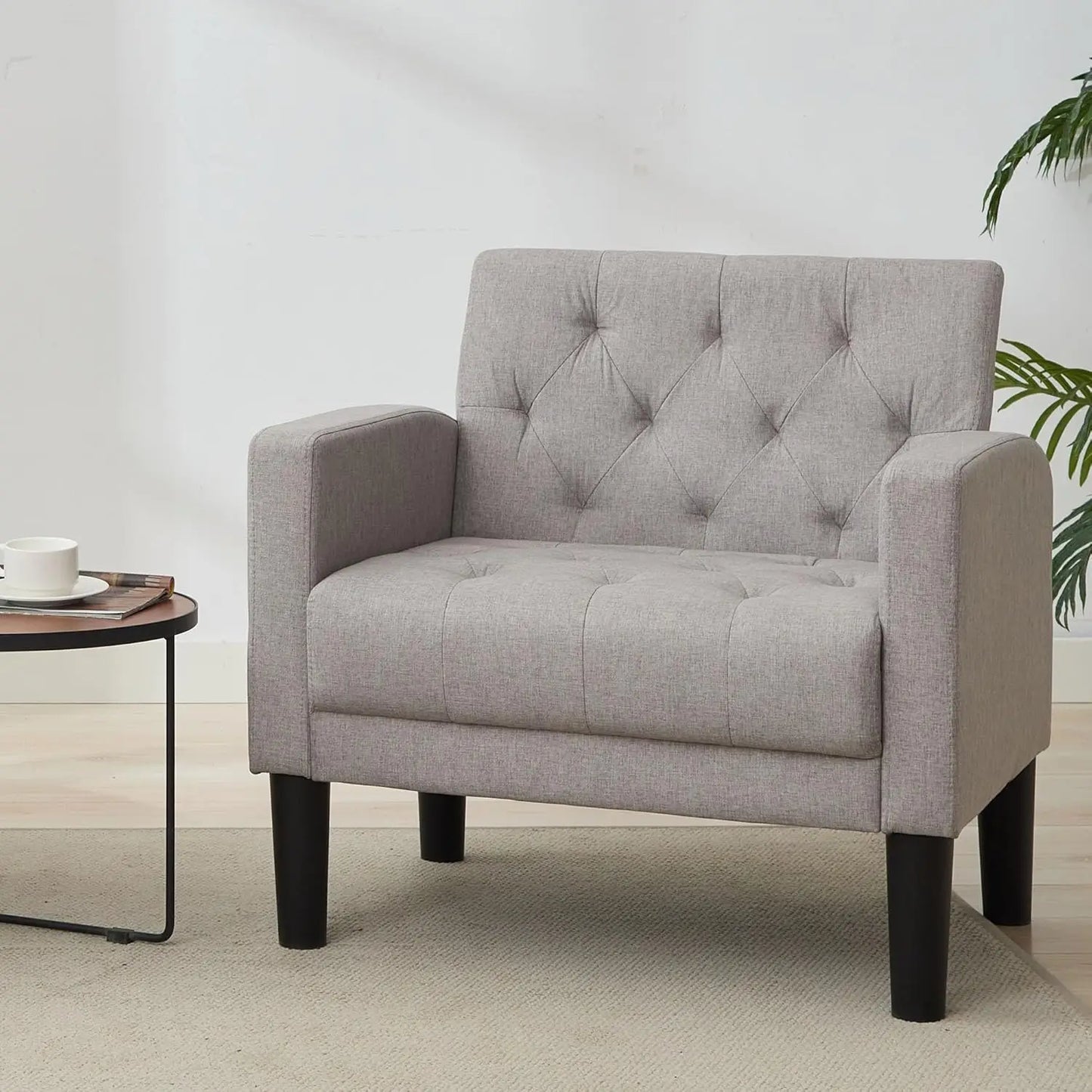 Accent Chair Comfy Living Room Chair Black Leather Tufted Mid Century Modern Accent Chairs Small Cozy Reading Arm Chair