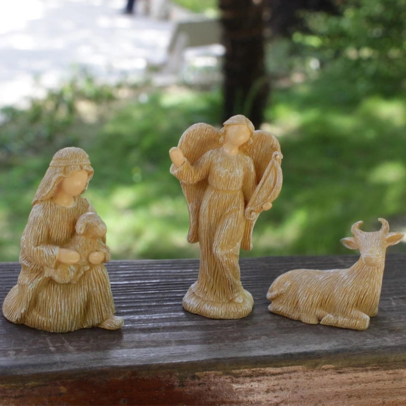 10pcs Resin Miniature Nativity Figurine Set Desktop Ornament Family Christmas Nativity Sculptures Handicrafts Church
