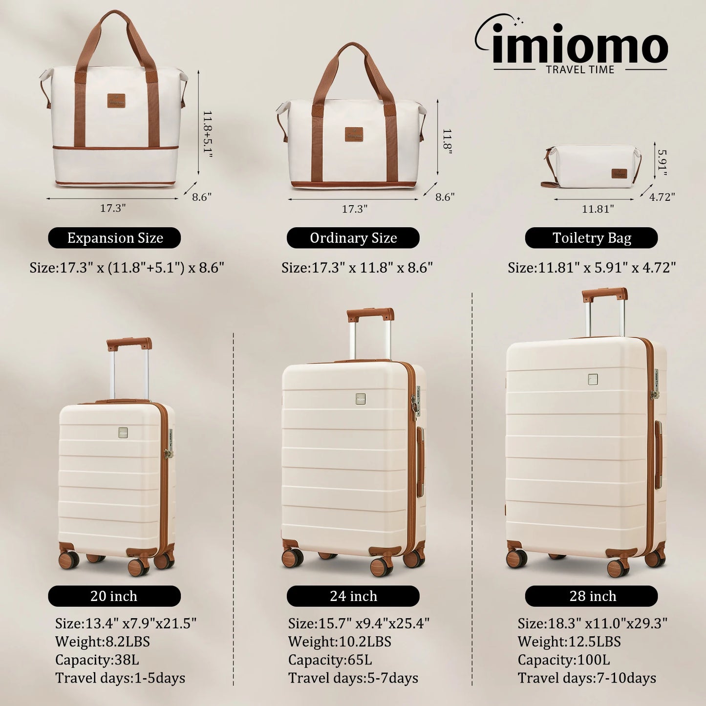 imiomo Travel Luggage Sets, Hard Shell Lightweight Carry on Suitcase with Travel Bag, TSA Lock, Durable Silent Spinner Wheels