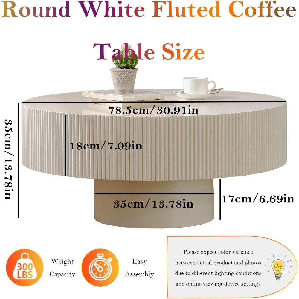 Modern Fluted Drum Coffee Table with Handcraft Embossed Edge Design & Stable & Sturdy Pedestal