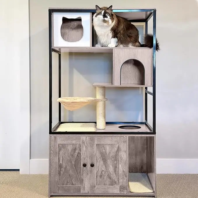 Cats Litter Box Enclosure Hidden Cat Litter Box Furniture with Cats Tree Wooden Cat House Indoor with Cats Cave, Scratching Post
