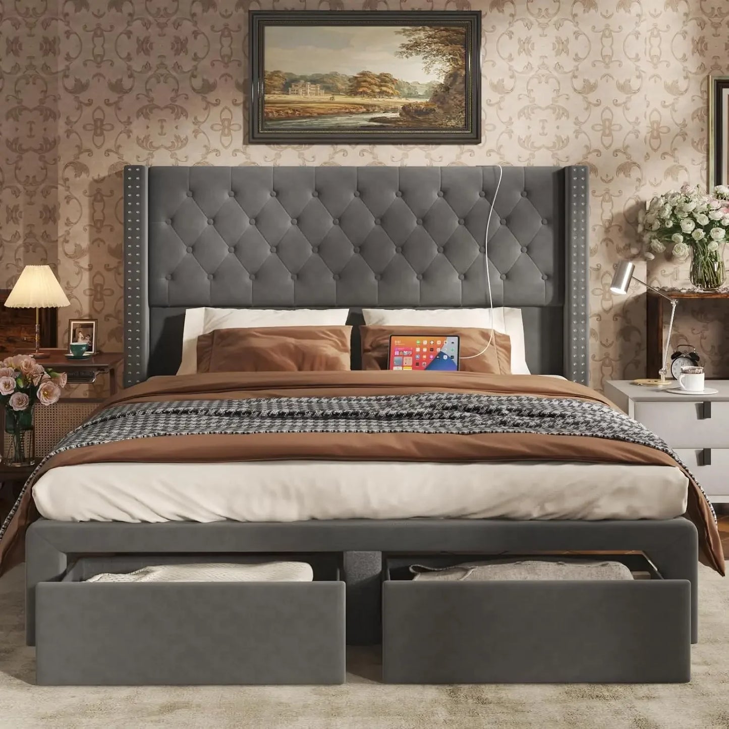 Velvet Upholstered Bed Frame Queen with Headboard and Storage, Tall Bed Frame with 2 Drawers, Tufted Wingback Bed Frame