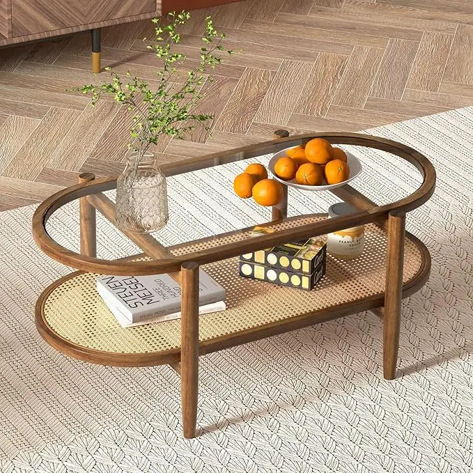 Rattan Coffee Table, 2-Tier Oval Acacia Wood Tea Table w/Tempered Glass Tabletop & PE Rattan Storage Shelf, Boho Cocktail Tables