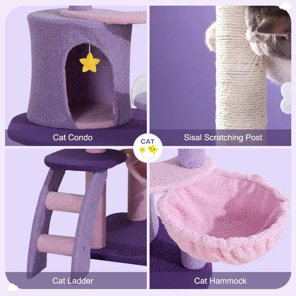 Cute Tower, Unique Cat Tree Large Tall for Indoor , Cloud Big Cat Tree Cat Castle Mansion Condo for Large Activity Trees