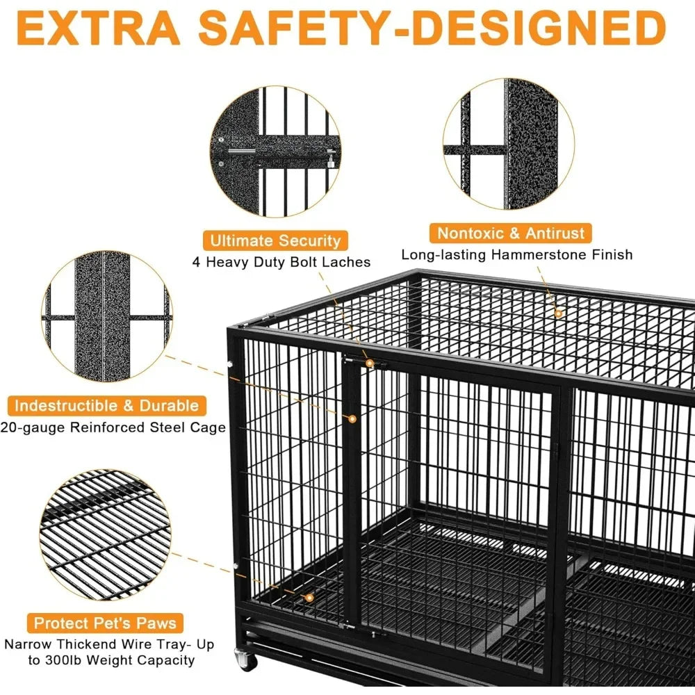Dog Crate Cage Kennel for Large Dogs, High Anxiety Dog Crate with Removable Crate Trays, Wheels and Double Door