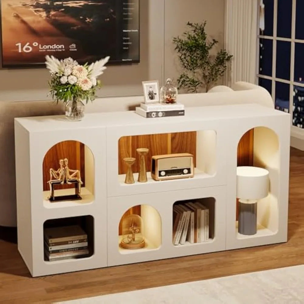 59" White Console Table, Modern Entryway Table, Wooden Storage Organizer Entrance Table with 6 Compartments, Long Sof