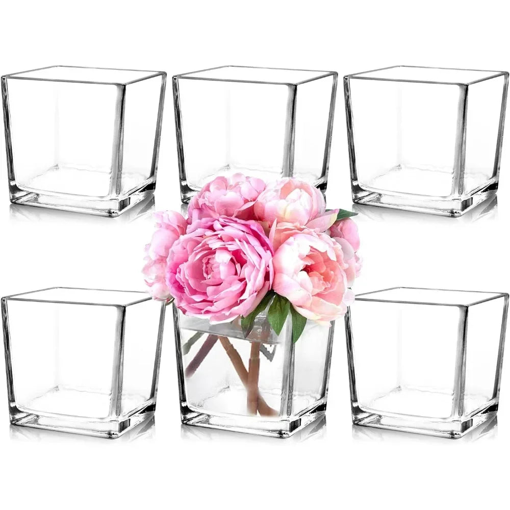 Set of 6 Square Glass Vases 5" x5" x 5", Clear Flower Vases for Centerpieces, Candle Holder for Wedding Party Events, Home Décor