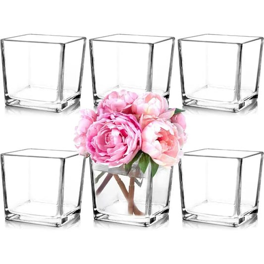 Set of 6 Square Glass Vases 5" x5" x 5", Clear Flower Vases for Centerpieces, Candle Holder for Wedding Party Events, Home Décor