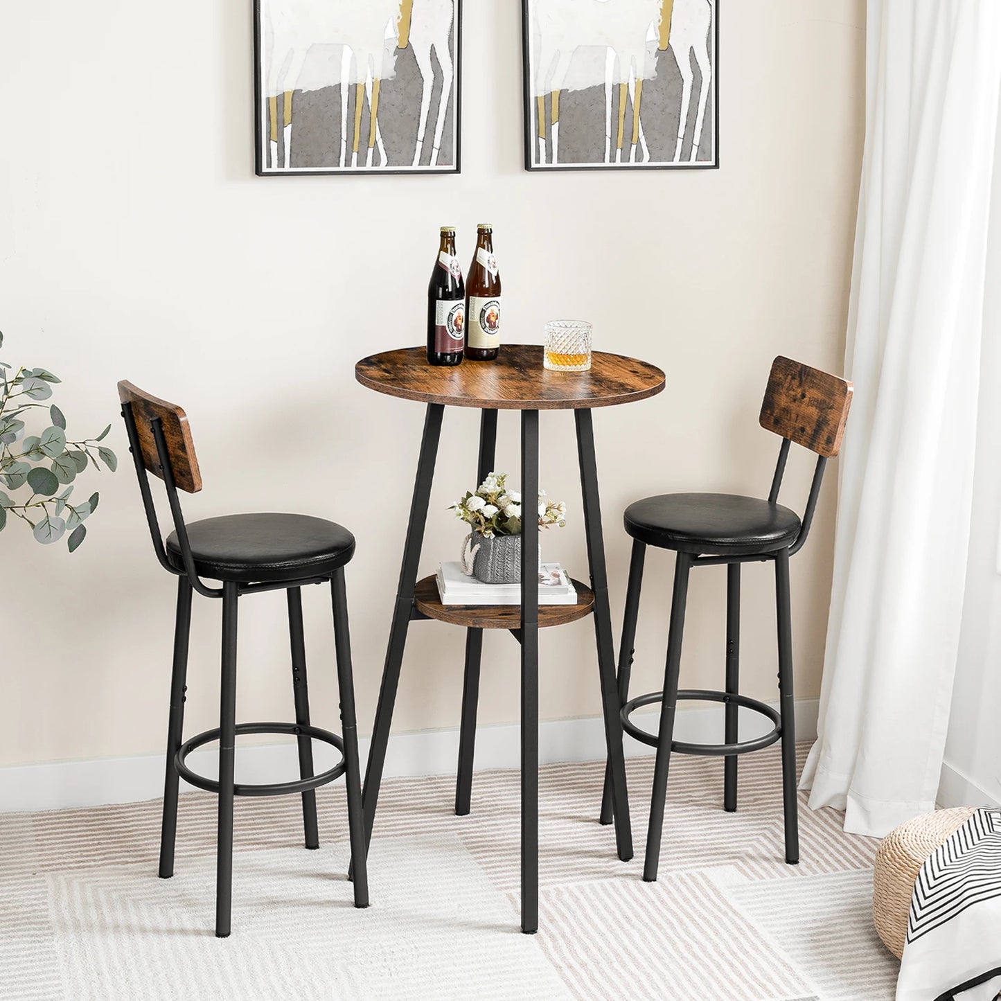 Bar Table, Round Pub Table, 2-Tier Bistro Table with Storage, 37.4" High Top Table for Small Spaces, Cocktail Table