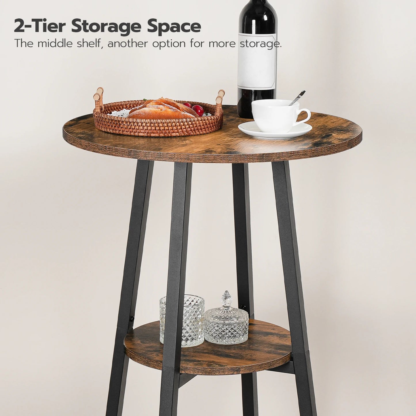 Bar Table, Round Pub Table, 2-Tier Bistro Table with Storage, 37.4" High Top Table for Small Spaces, Cocktail Table