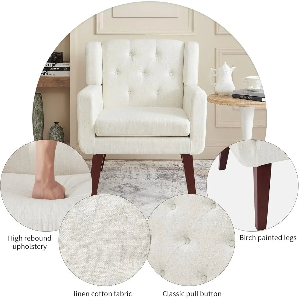 Accent Chair Button-Tufted Upholstered Living Room Chairs Comfy Reading Chair Mid Century Modern Chair with Linen Fabric Lounge