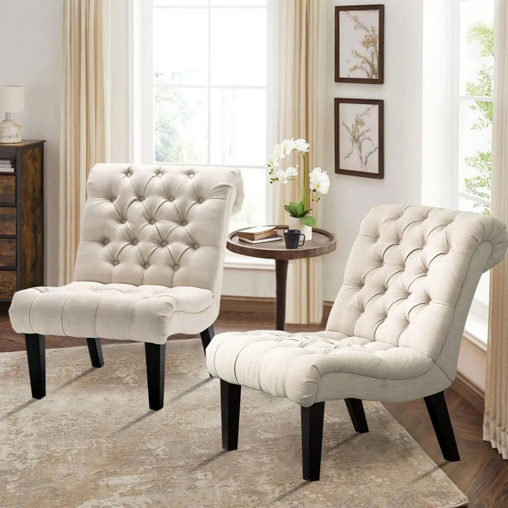 Accent Chairs Set of 2 Modern Armless Living Room Bedroom Chairs Upholstered Button Tufted Slipper Chairs with Solid W