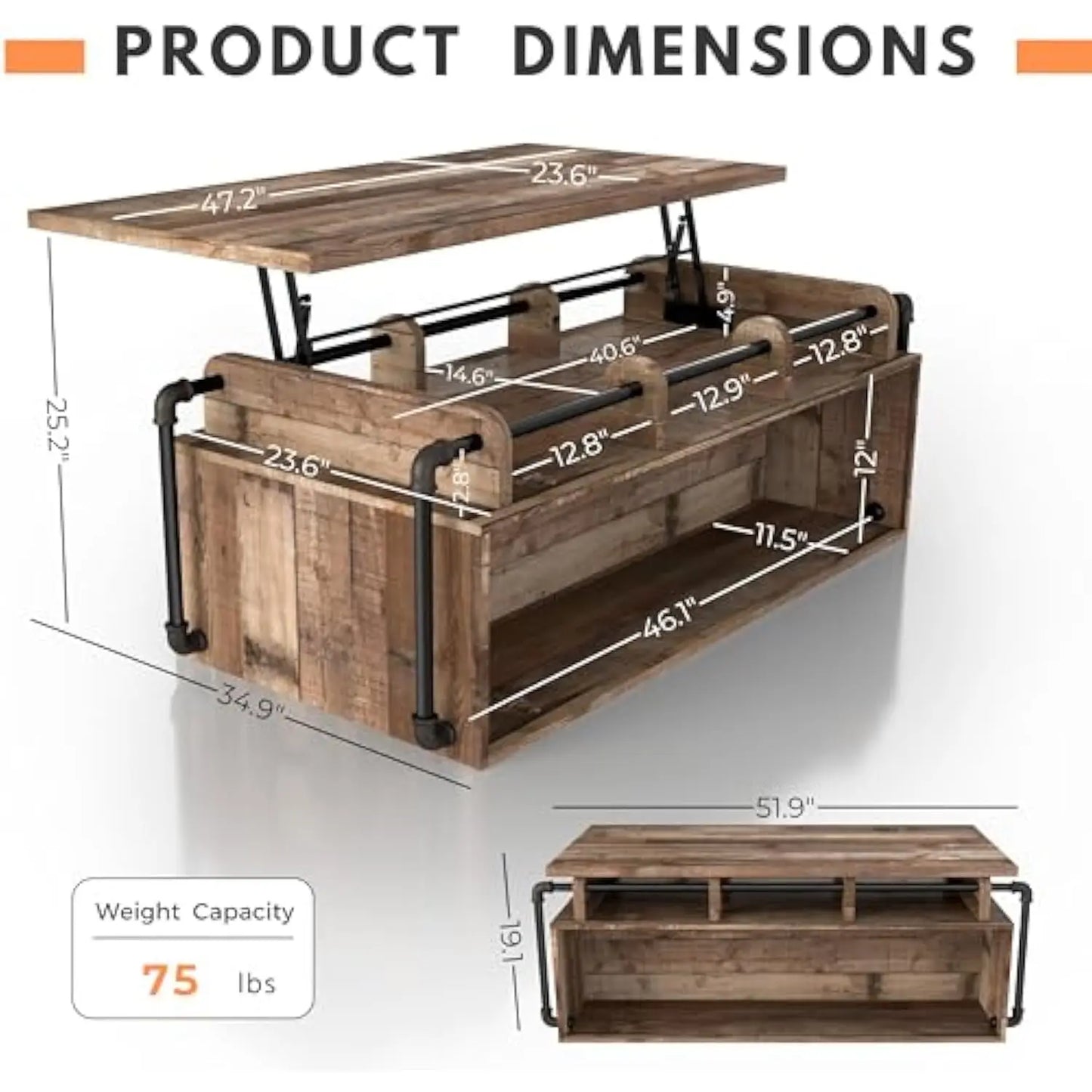 Galilhai 52 Wood Lift-Top Coffee Table with Storage, Industrial Rectangle Desk with Height-Adjustable Tabletop, for Small Spac