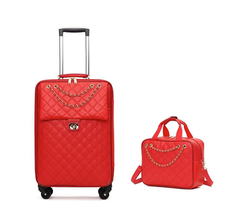 9018 20"24"28" INCH Women Leather Trolley Rolling Luggage Check In Cabin Spinner Suitcase For Travelling