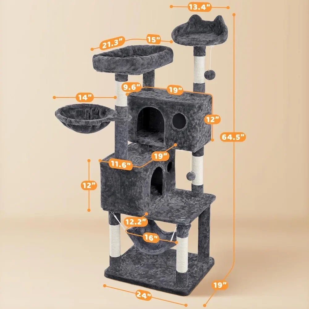 64.5in Extra Large Multi-Level Cat Tree Kittens Play House Condo with Platform, Perch Hammock & Scratching Posts, Dark Gray