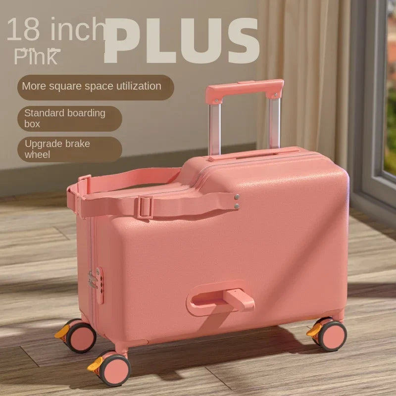 2025 New Children's Luggage Can Sit and Ride Suitcase Trip Cabin Carry-on Wooden Horse Trolley Case Brake Wheels Kids Suitcases