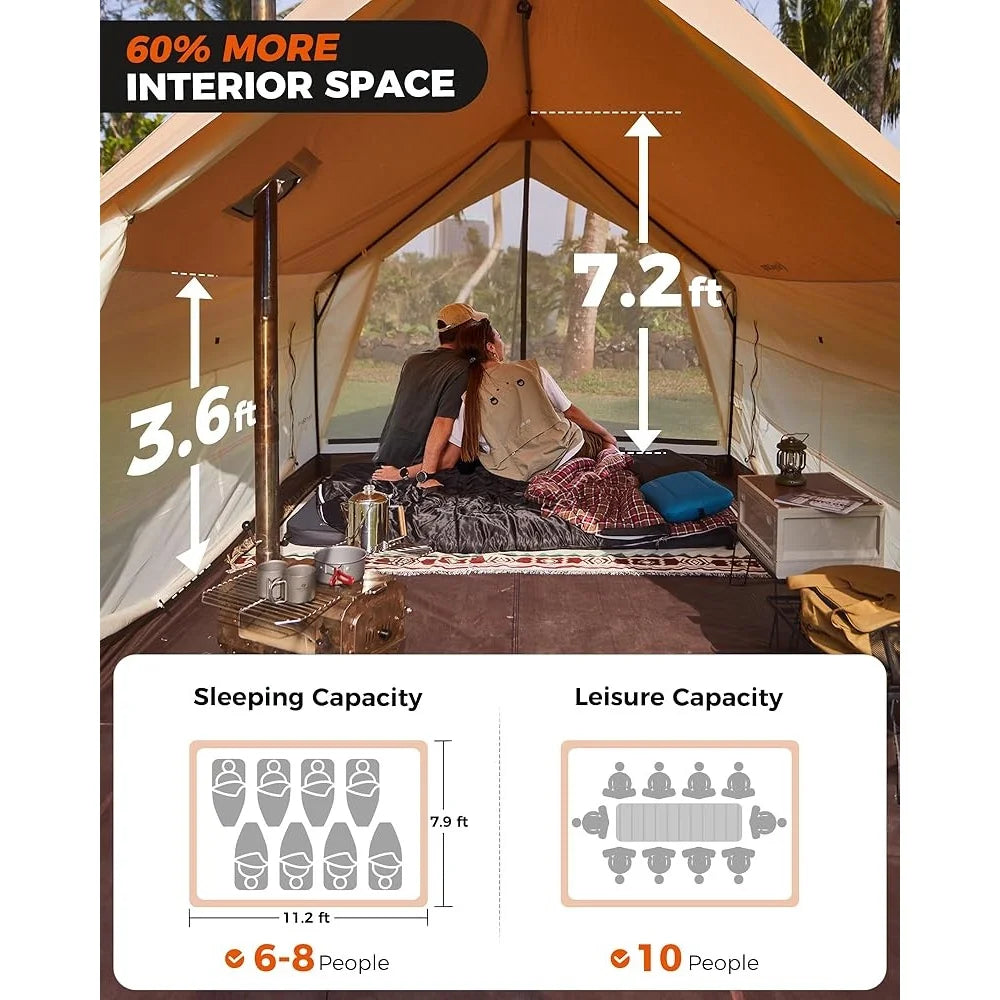 Durable Family Canvas Tent with Stove Jack 11x8ft Easy Setup Waterproof 4-Season Outdoor Camping Hunting Tent