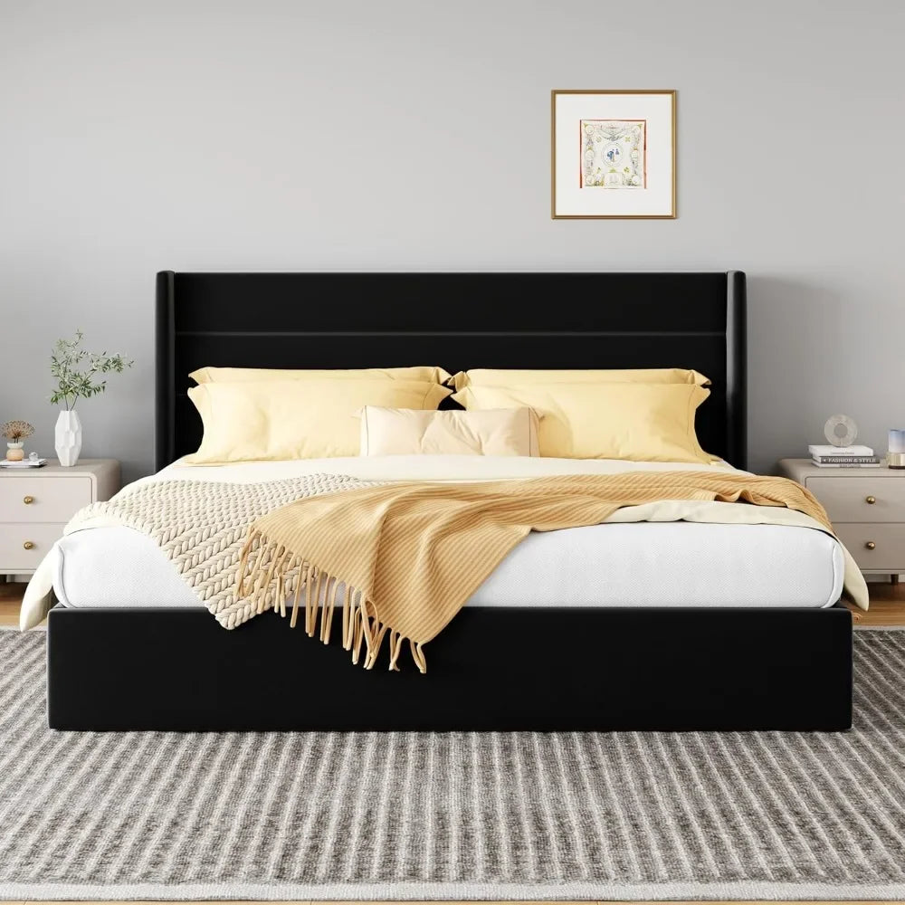 Queen Size Lift Up Storage Bed with Wingback Headboard,Velvet Upholstered Platform Bed Frame Noise-Free,Black,Bed Frames