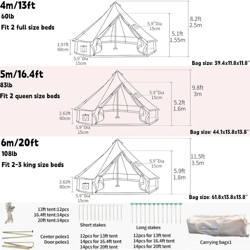 DANCHEL OUTDOOR B5PRO 4 Season Canvas Bell Tent with 2 Stove Jacks, Glamping Yurt Tent for All Year Living 4/6/8 Person